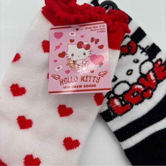HELLO KITTY MID-CREW SOCKS SHOE SIZE 4-10 SET OF 2 RED & BLACK - Picture 4 of 9